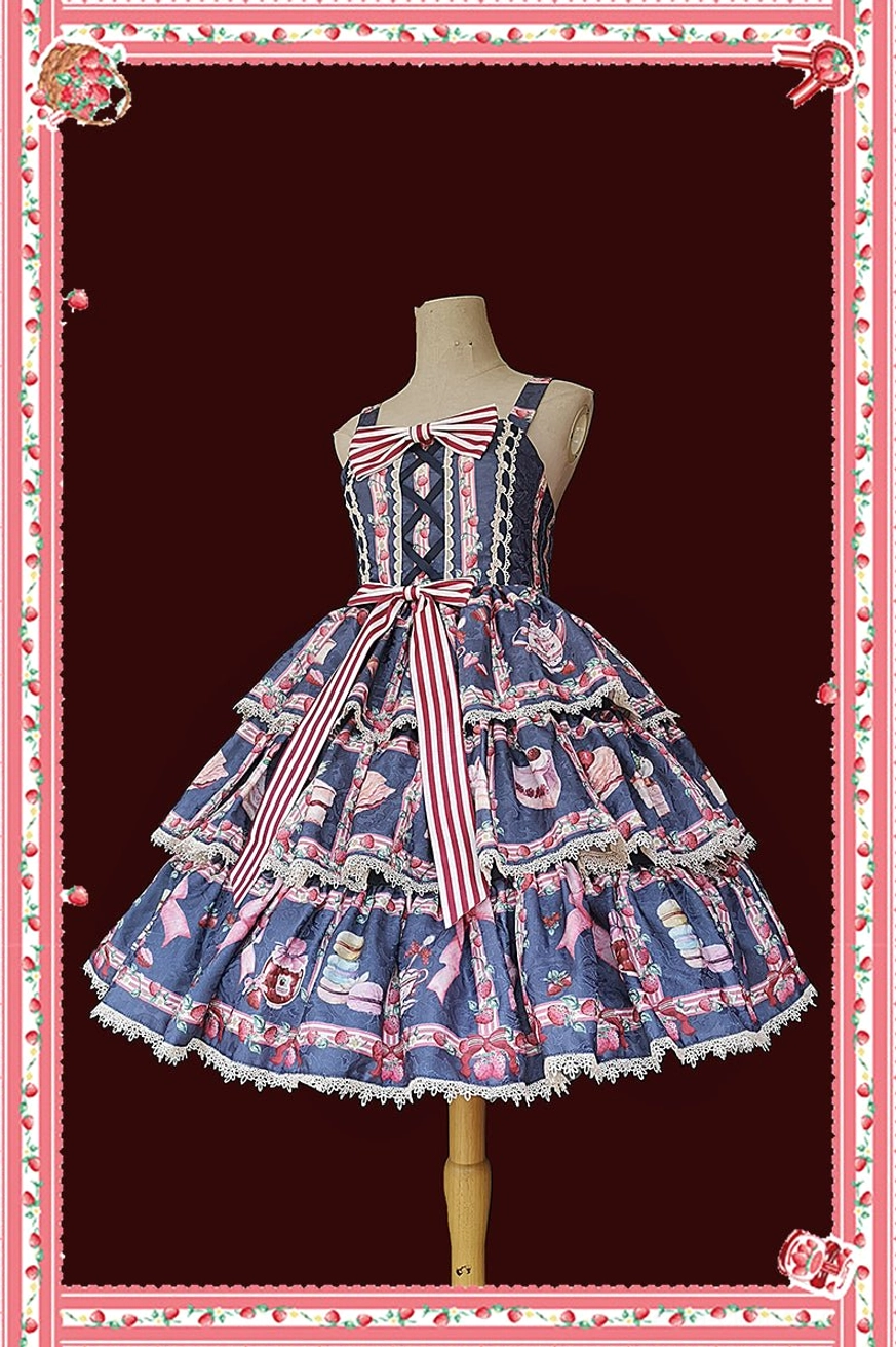 Navy blue tiered ruffle lolita JSK dress full front view dress form dark red background floral decorative frame front striped waist bow sash square neck shoulder straps layered lace-trimmed ruffle skirt