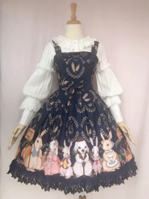 Navy blue harvest moon rabbit themed lolita JSK dress oblique angle showing waist bow back shiring adjustable sweet lolita jumper skirt