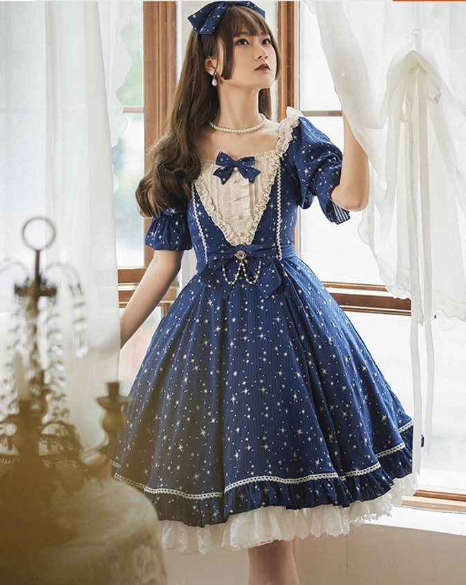 Navy blue lolita OP dress full-body mannequin view classic depth sophisticated coordination potential puff sleeves detail