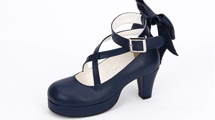 Navy blue Lolita platform high heel shoes in classic deep blue tone, featuring crossover ankle buckle straps, large decorative back bow, round platform toe, and chunky block heel - pair display