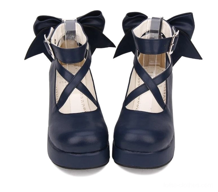 Navy blue Lolita platform shoes three-quarter side front view adjustable ankle buckle large back bow round closed toe