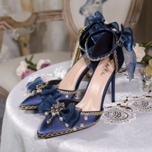 Navy blue lolita pointed toe wedding high heels large bow decoration gold trim pearl rhinestone embellished bridal shoes top view