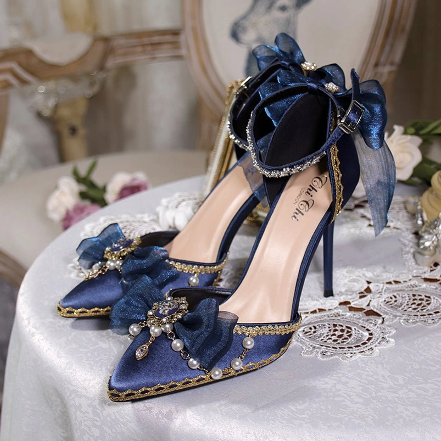 Navy blue lolita pointed toe wedding high heels large bow decoration gold trim pearl rhinestone embellished bridal shoes top view