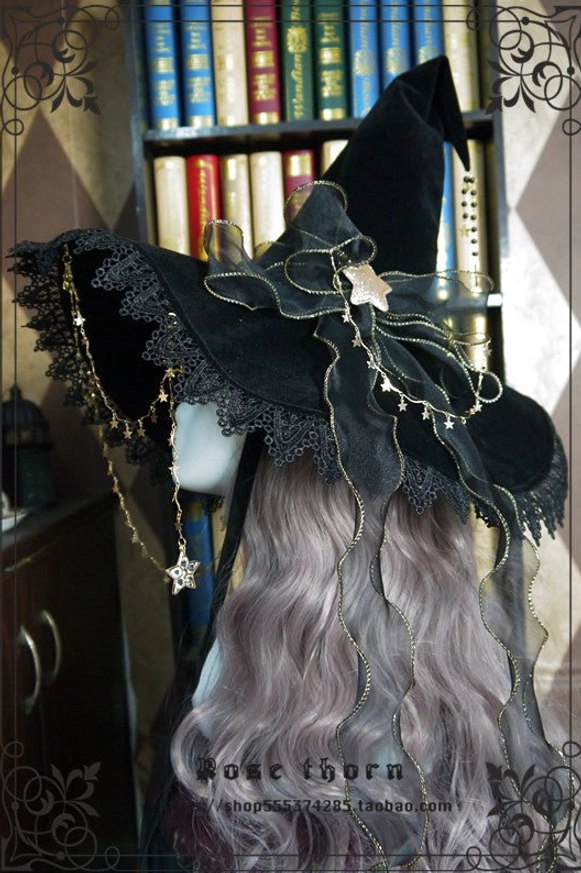Navy blue bow ribbon lolita witch hat displayed as elegant alternative to black, sophisticated gothic lolita fashion statement