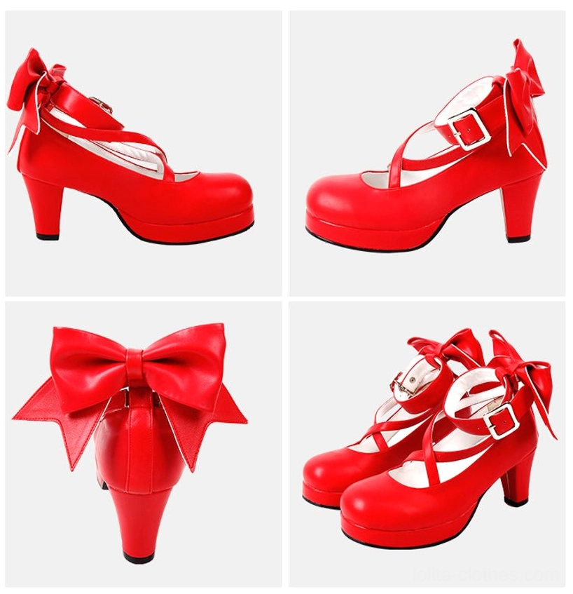 Navy blue matte Lolita platform high heel shoes, featuring crossover ankle buckle straps, large decorative back bow, round platform toe, and chunky block heel - coordination staple