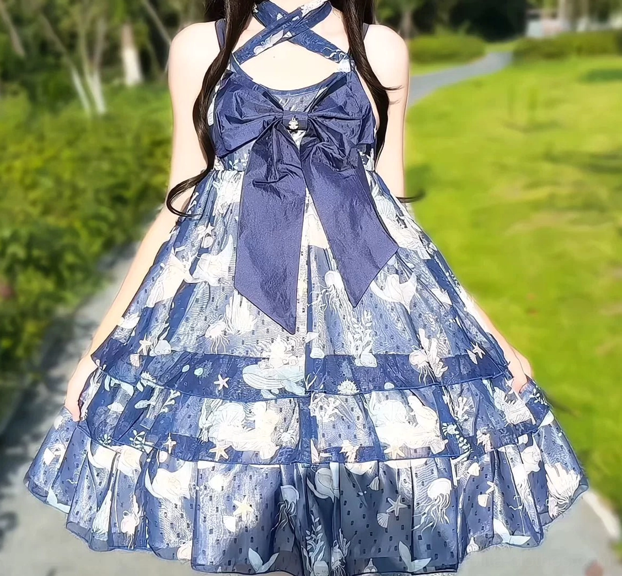 Navy blue ocean sweetheart sweet lolita jsk dress halter design full body front view styling