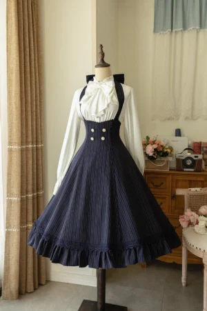 Navy blue vintage halter JSK dress with pinstripe pattern and ruffled lace hem, front view on dress form in retro living room setting, classic lolita fashion style