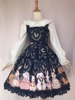 Navy blue rabbit farm harvest lolita JSK dress front view with white ruffled blouse and golden wheat patterns sweet lolita jumper skirt