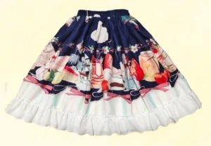 Navy blue rabbit print kawaii lolita short skirt with white ruffled hem flat lay front view
