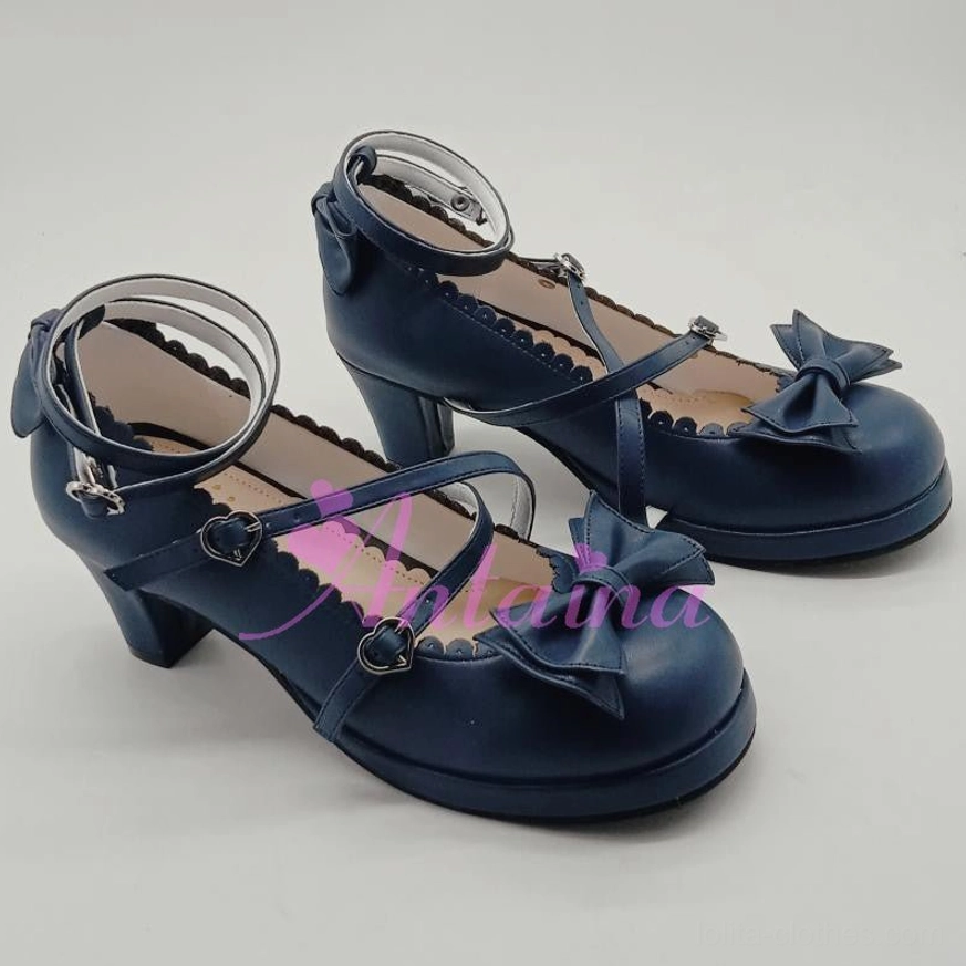 Shining navy blue lolita high heels with lustrous metallic finish, crossover heart-shaped buckle ankle straps, romantic scalloped collar, and impressive 6.3cm heel