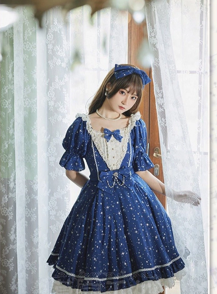 Navy blue silver foil printed lolita OP dress celestial star motif sophisticated evening wear glamorous lolita aesthetic