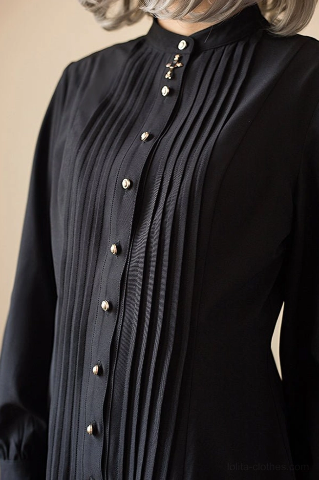 Navy blue stand collar Lolita blouse mutton sleeves fitted waist front full-body view professional styling display