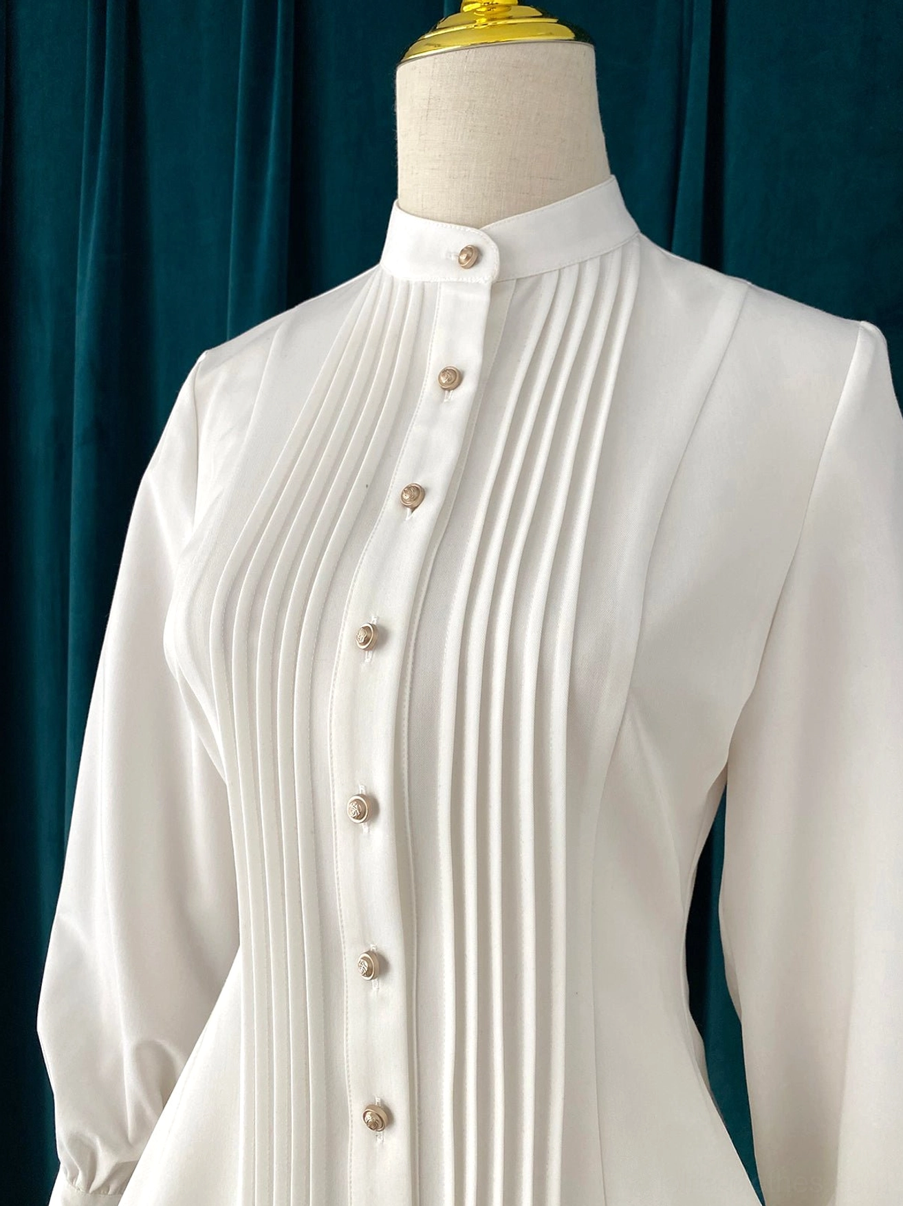 Navy blue stand collar mutton sleeve Lolita blouse front full-body view dress mannequin professional display classic design