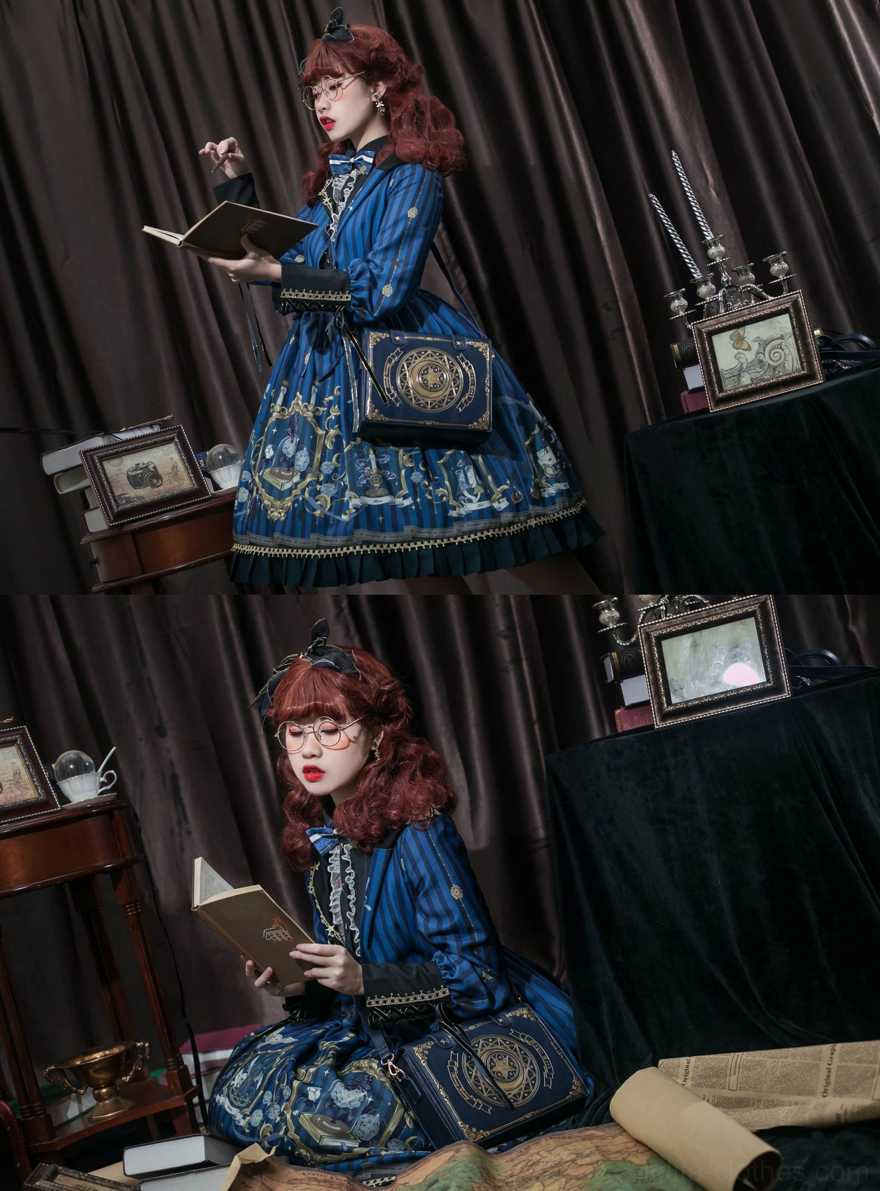 Dark navy blue magic book lolita crossbody bag full body model shots sitting pose with vintage retro study scene props and gold foil patterns