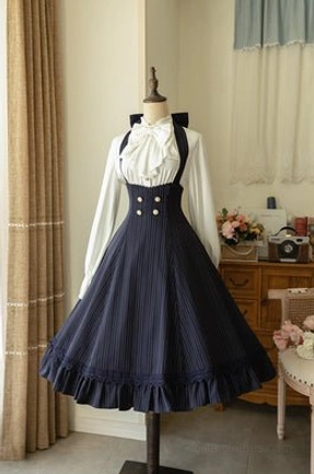 Navy blue vintage halter JSK dress with pinstripe pattern ruffled lace hem, compact detail shot navy-blue-striped-classic-lolita-jumper-skirt