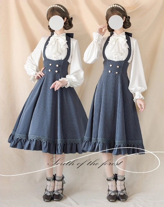 Navy blue striped halter JSK and white French blouse complete lolita coordinate set full body view two models, lace trim A-line vintage dress silhouette