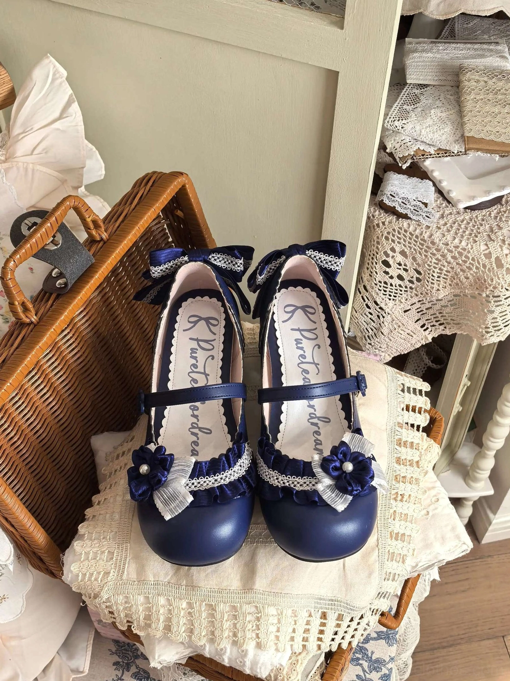 navy blue sweet lolita mary jane heel shoes front view floral lace trim pearl accents round toe aesthetic lolita footwear