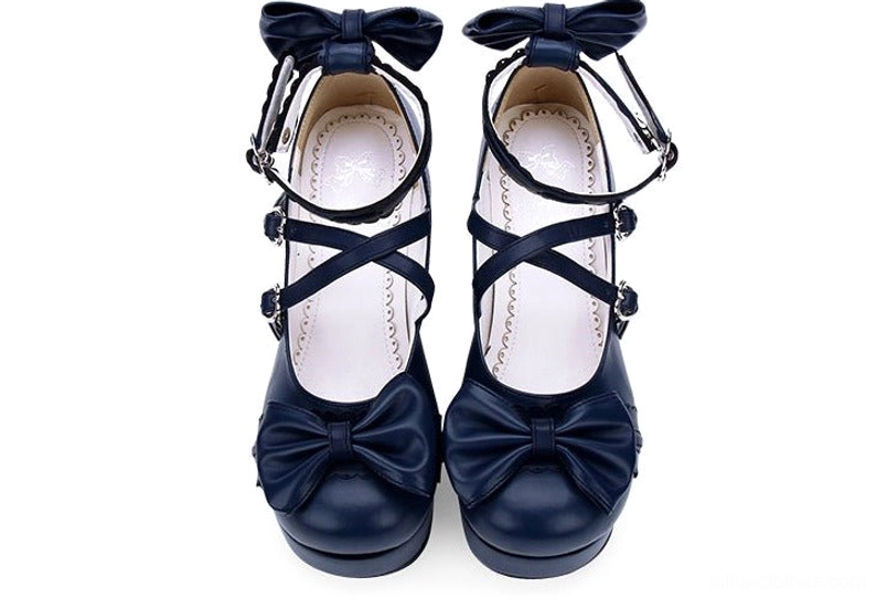 Navy blue sweet lolita platform high heel shoes polished leather front vamp bow cross ankle straps buckles