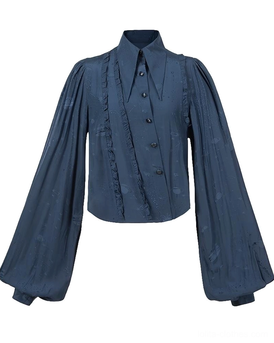Navy blue vintage Lolita shirt flat lay front view with delicate dark embossed relief patterns ruffled front trim and cropped silhouette pointed collar design