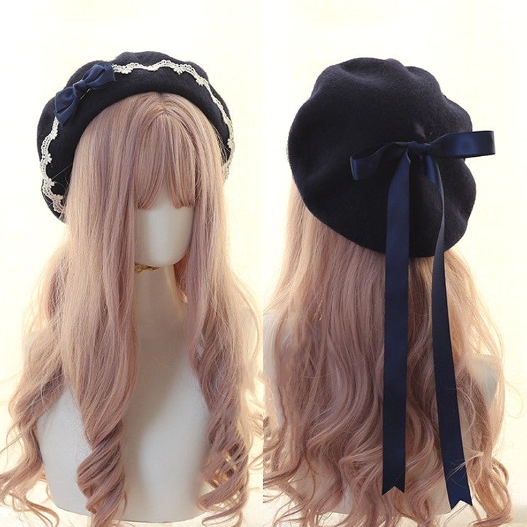 Navy blue wool lolita beret with matching navy bow and white lace edge trim elegant coordinate