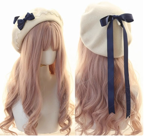 Navy blue bow with cream white wool lolita beret elegant sweet lolita coordinate detail