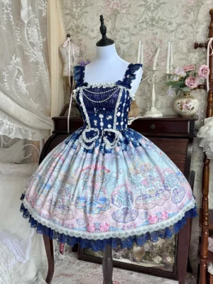 Navy blue Sweet Lolita JSK dress front view white lace trim carousel print ruffled hem