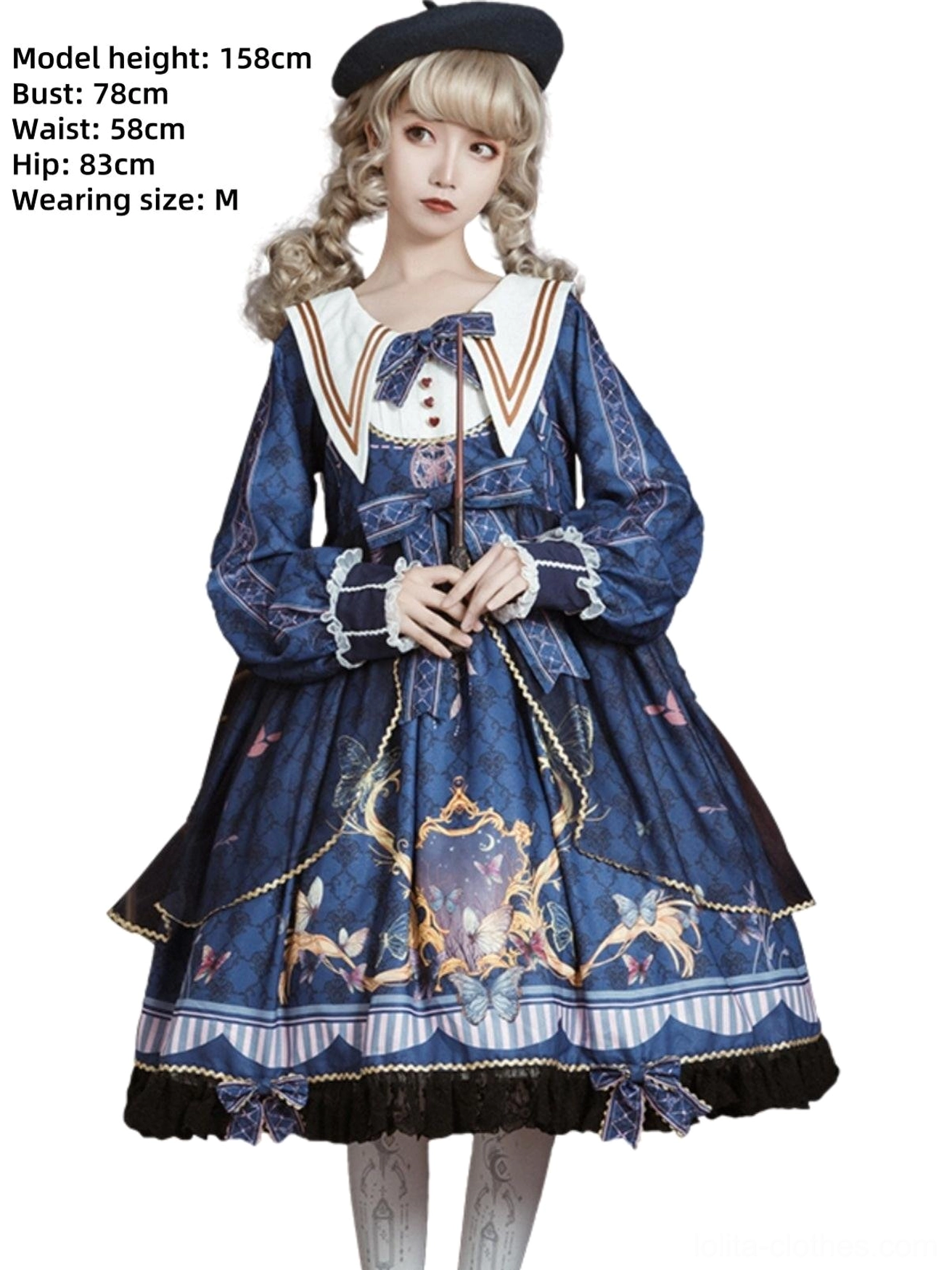 Navy blue sailor collar classic lolita op dress front half-body and full-body model view, size M fit demonstration, white sailor collar gold trim, front bow, royal lolita baroque print detail