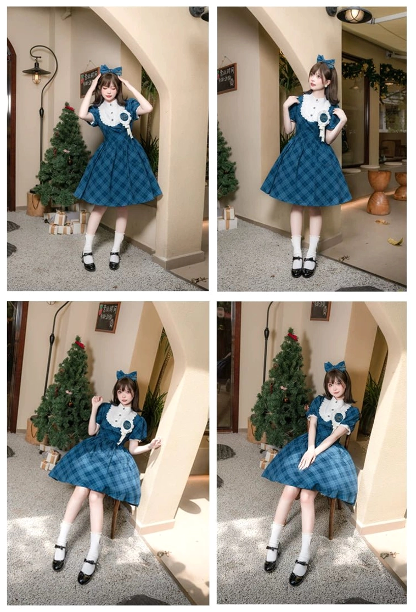 Navy blue dark tartan plaid classic lolita OP dress full-body front standing view fitted waist flared skirt at indoor glass doorway architectural setting