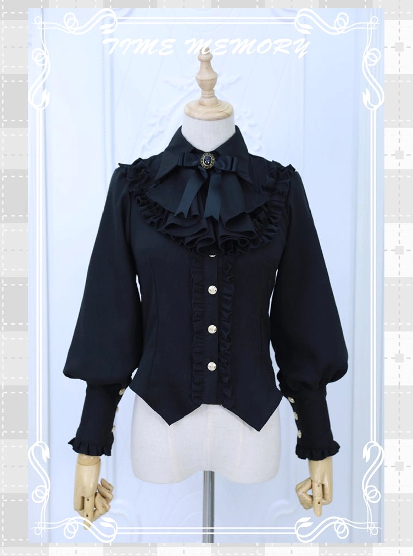 Navy Lolita blouse coordinate with half skirt and accessories showing complete casual daily outfit styling