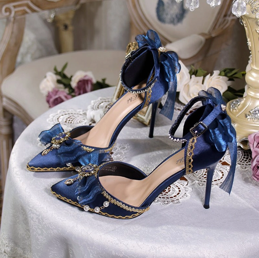 Navy blue lolita high heels adjustable buckle ankle strap satin bow decoration pearl rhinestone trim slim stiletto heel