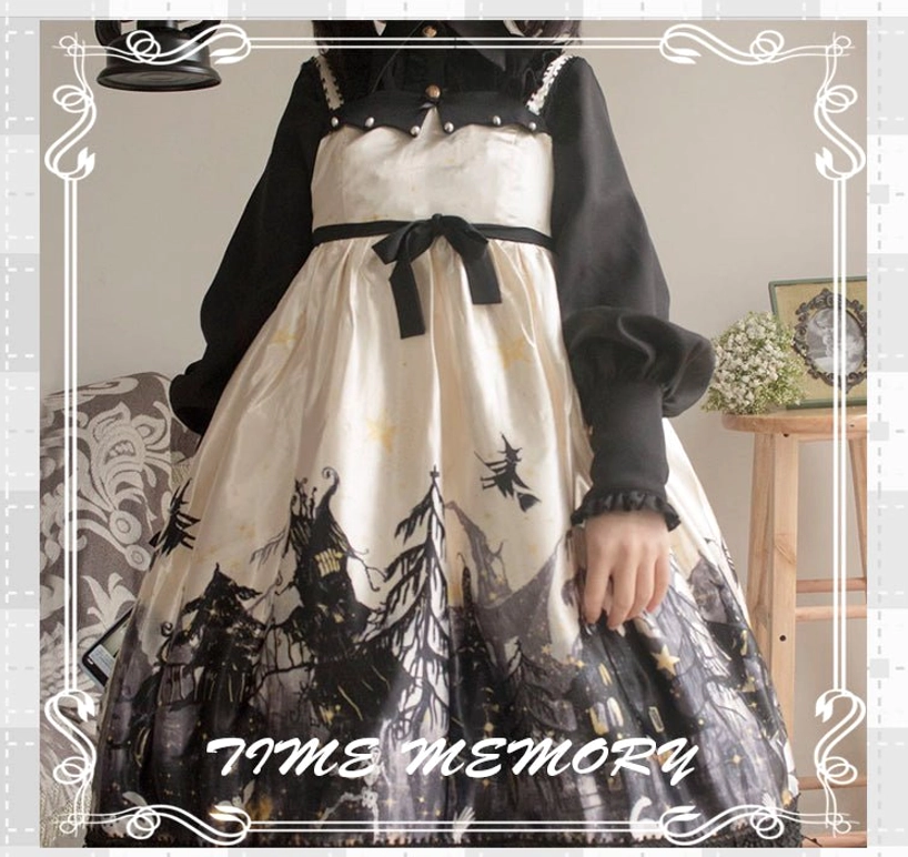 Navy Lolita mutton sleeve blouse side profile showing puff sleeve volume and fitted waist design
