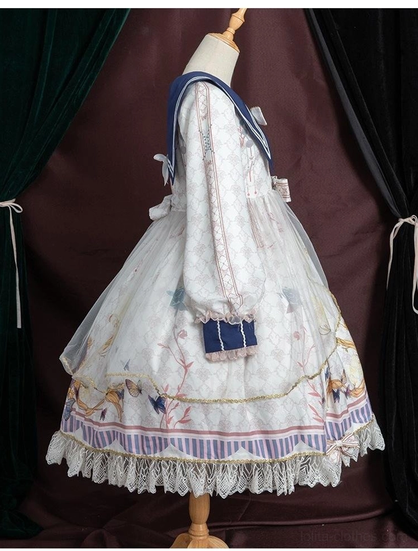 Navy sailor collar lolita op dress detachable bow demonstration, removable elements at collar back neckline waist and hem, customizable styling options