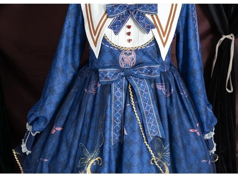 Navy sailor collar classic lolita op dress with layered cardigan, coordinating sweater in classic colors, bolero jacket option, cool season ensemble