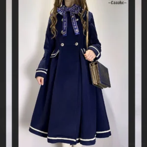 Navy blue wool lolita overcoat double-breasted buttons white trim cuffs close-up upper body vintage accessories