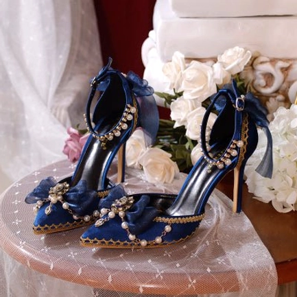 Navy blue lolita stiletto wedding high heels rhinestone ankle strap satin bow pearl decor gold edge premium bridal footwear