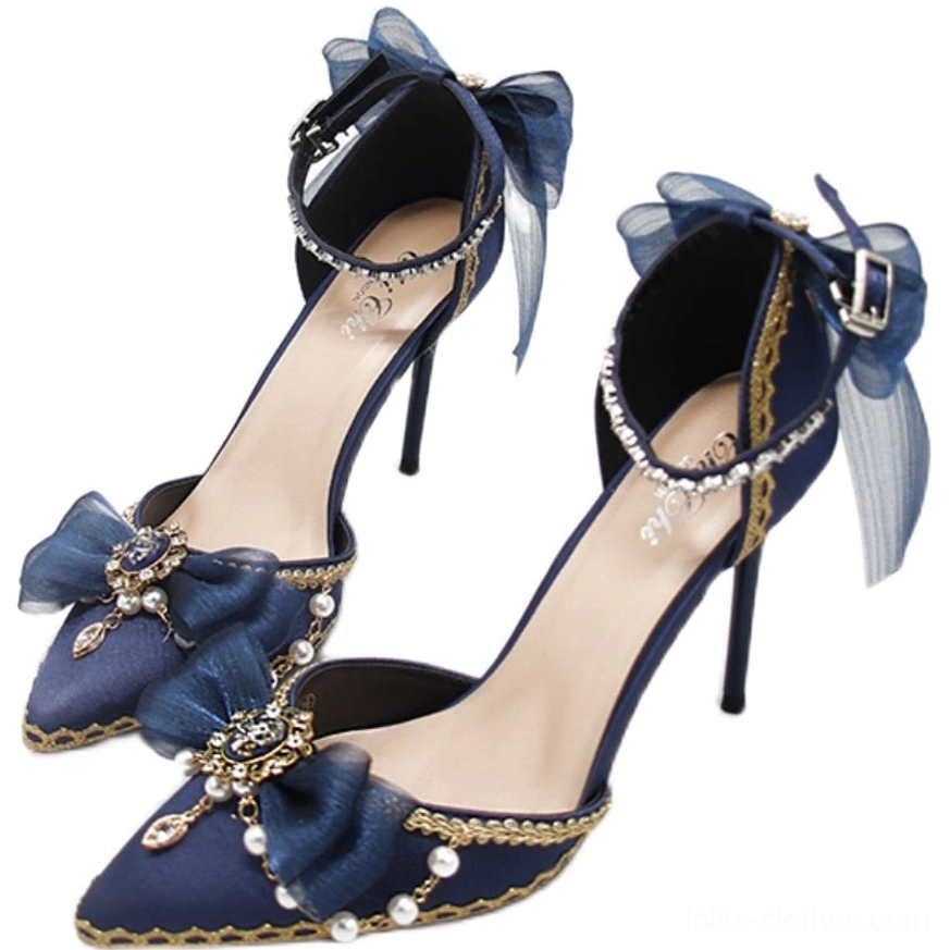 Navy blue two-piece lolita pointed toe high heels rhinestone ankle strap sheer ribbon bow satin vamp gem pearl decoration