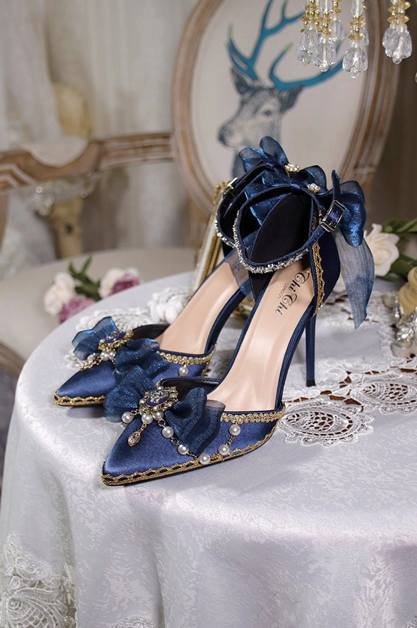 Navy blue lolita wedding high heels back heel bow decoration gold edge trim pearl gem embellishments stiletto heel design