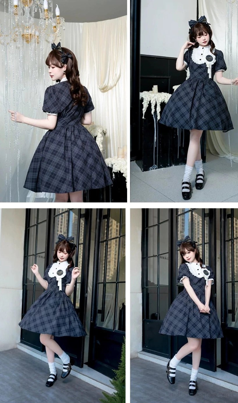 Navy blue dark plaid lolita OP dress back view showing simple back construction and natural graceful skirt drape with sheer white curtains background