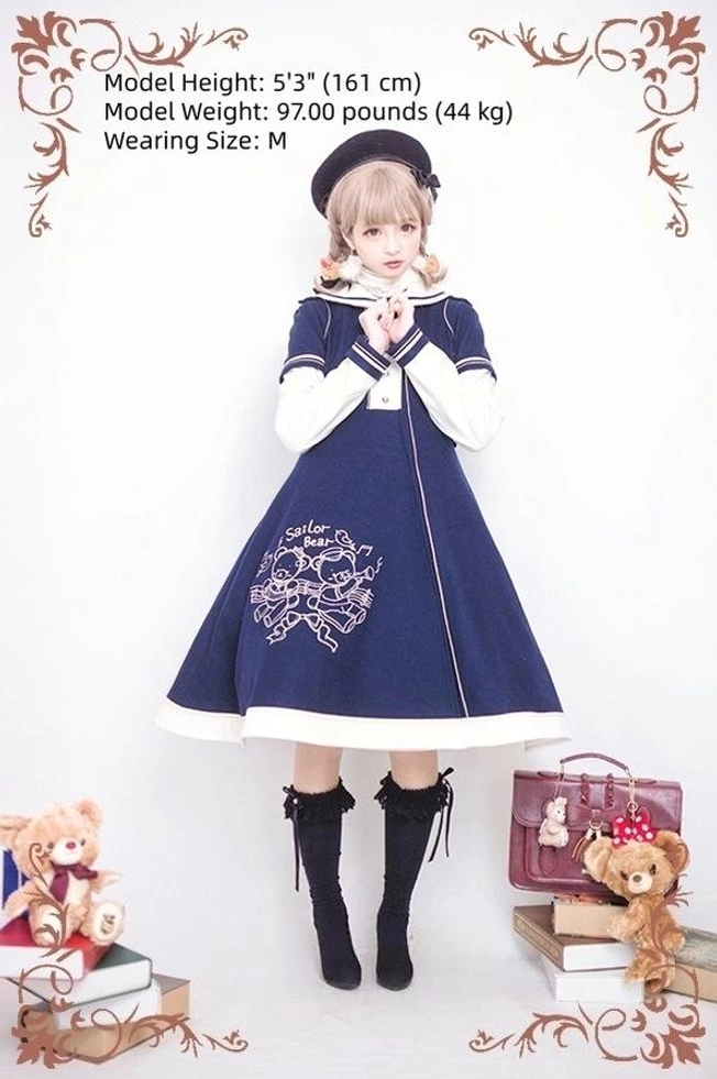 Navy blue sailor lolita winter coat with white contrast cuffs, classic bear embroidery on skirt, full-body frontal view, model height 5'3" 161cm wearing size M