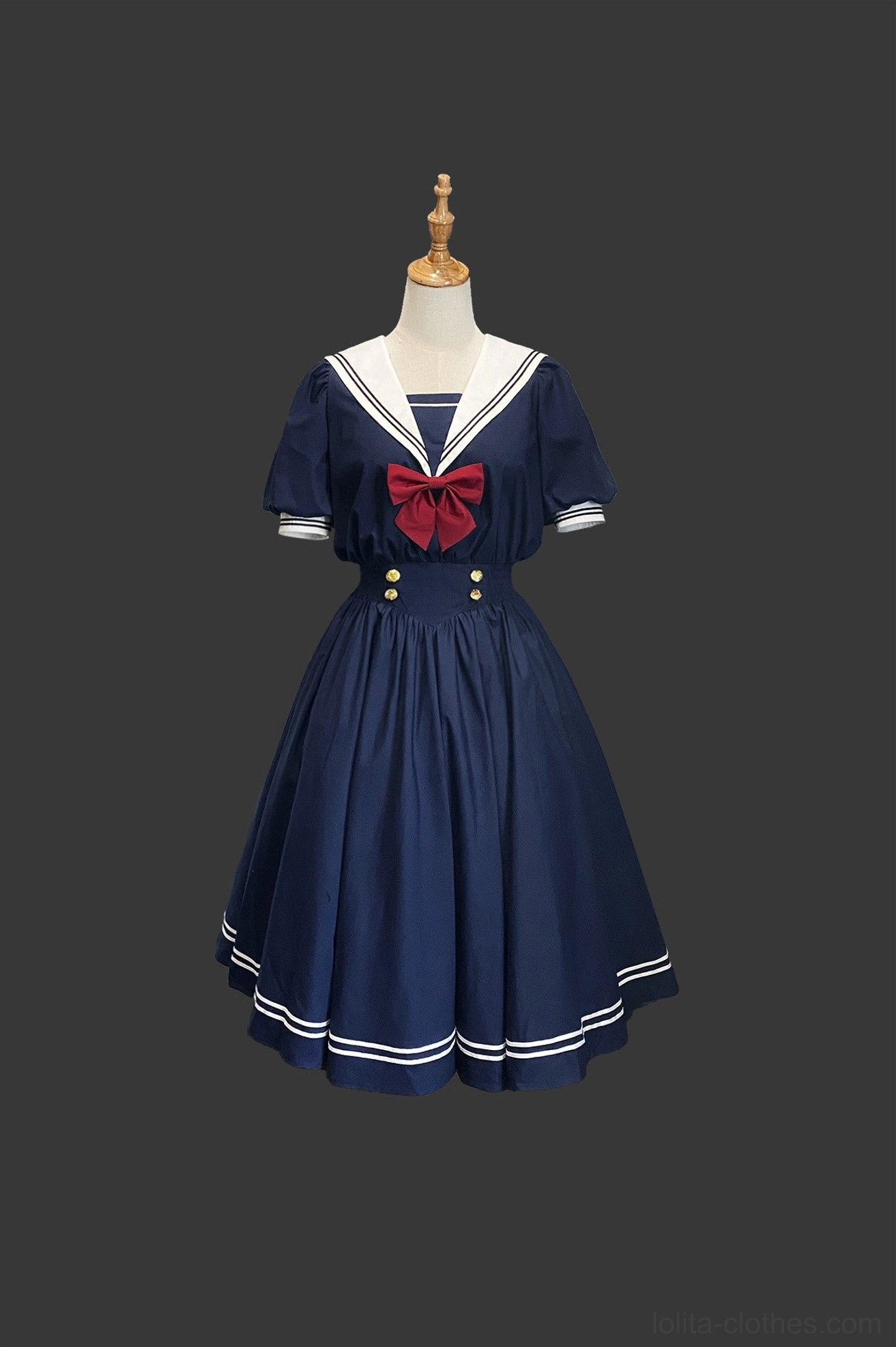 Navy blue sailor lolita OP dress lifestyle photography styled flat lay with coordinating sailor hat accessories lolita fashion aesthetic composition