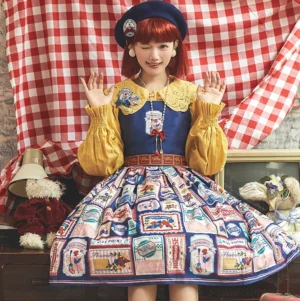 Navy blue vintage postage stamp print Lolita jumper skirt dress with cyan color variant front full-body view
