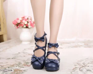 Navy blue sweet lolita handmade high heel Mary Jane shoes with cross ankle straps worn on feet in vintage room setting