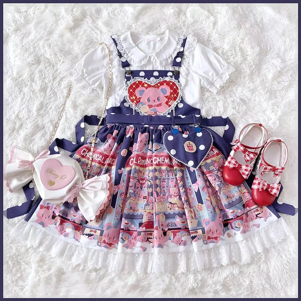 Navy blue sweet lolita salopette jsk heart bear print crossbody bag mary jane shoes flat lay accessories