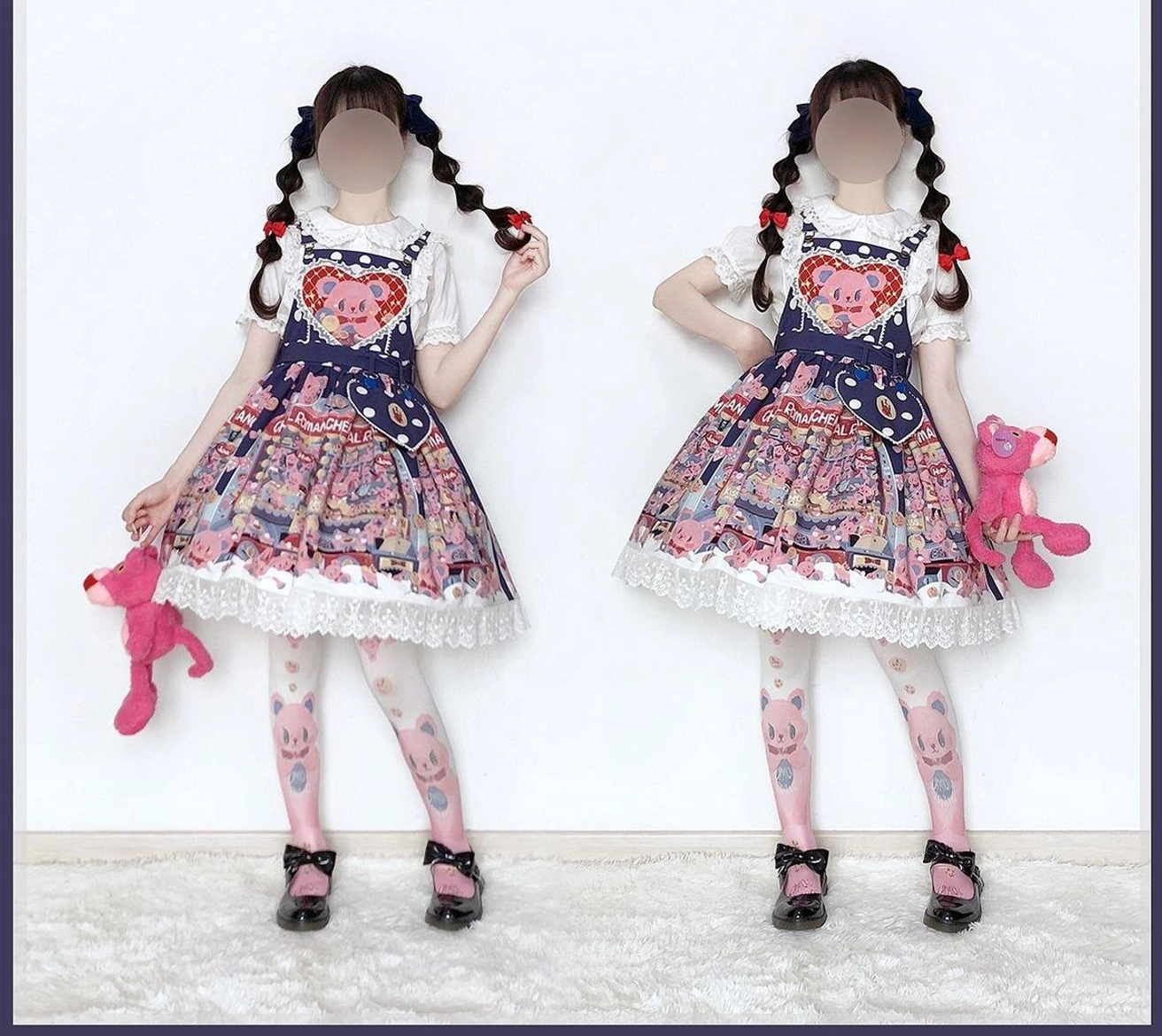 Navy blue sweet lolita salopette jsk twin models braided hair printed stockings black mary jane shoes