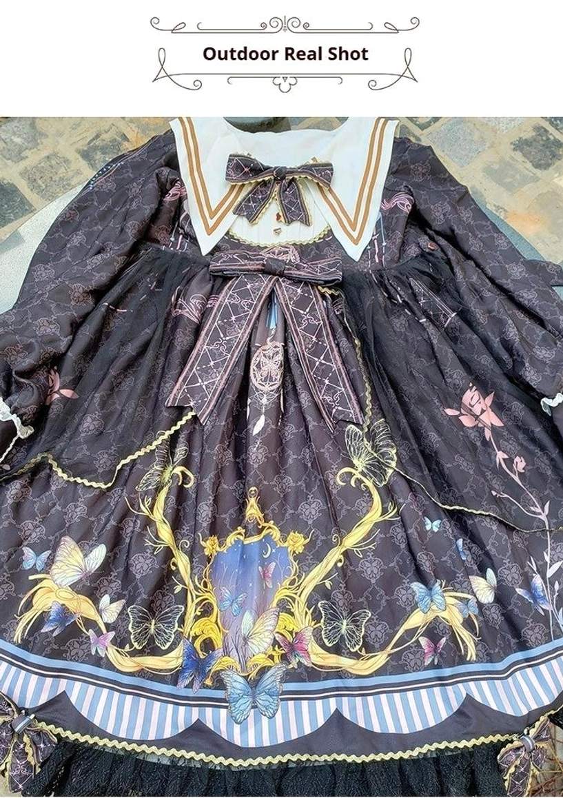 Navy and white sailor collar lolita op dress shiny linen blend material choice, slight luminosity and textural interest, enhances baroque print aesthetic, premium quality