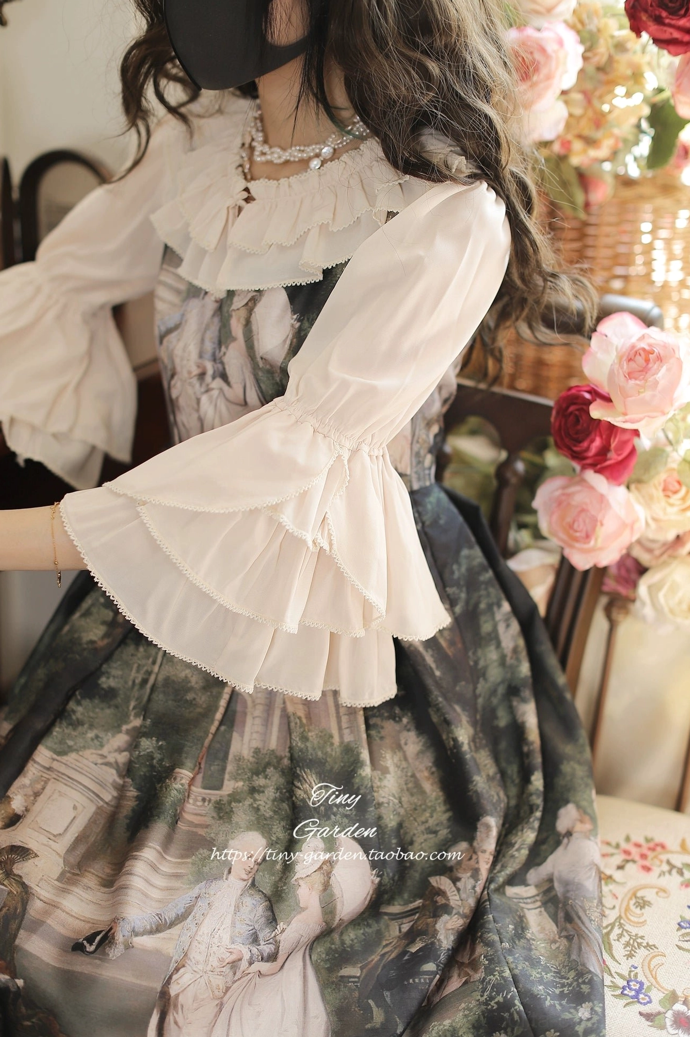 Ruffled lolita blouse in neutral tones display, showcasing versatile color options including beige and cream for classic and sweet lolita coordinate flexibility