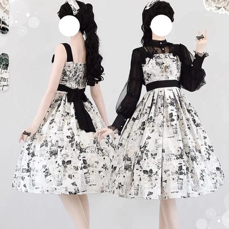 Newspaper print lolita JSK dresses styled with coordinating outfits shown in side-by-side full body view, featuring one with back bow sash and one paired with black sheer long-sleeve blouse