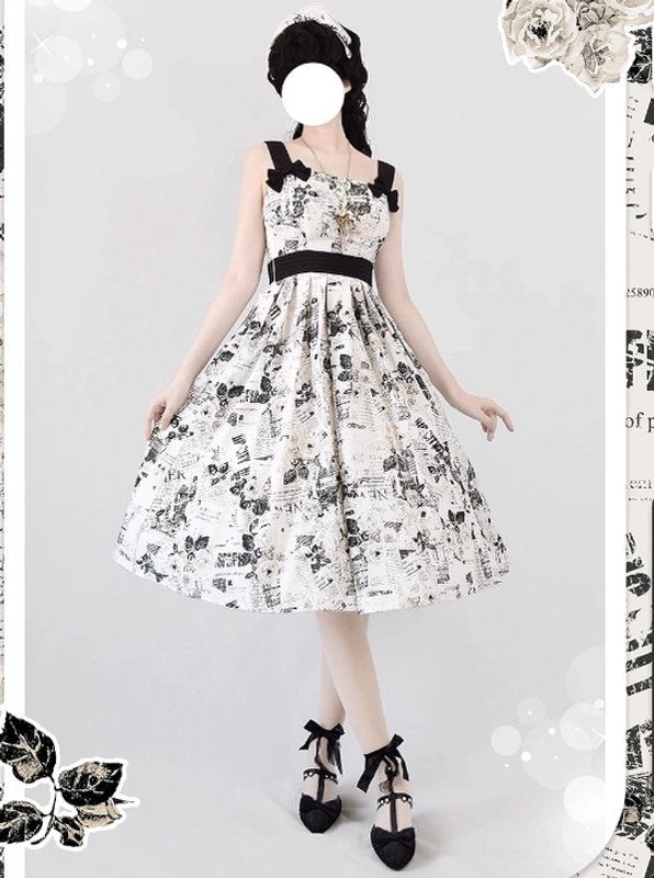 Black and white newspaper print lolita JSK dress with black waist belt, shoulder bow accents, retro vintage newspaper fabric pattern, paired with classic lolita high heels, full body front view