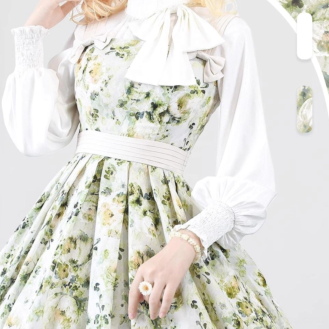 Newspaper print lolita JSK dress color variation styled with bold artistic coordinate demonstrating subversive lolita aesthetic approach