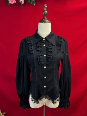 Night Banquet classic lolita blouse in black with lace-trimmed front and cuffs, lantern sleeves, and curved hem, front mannequin display